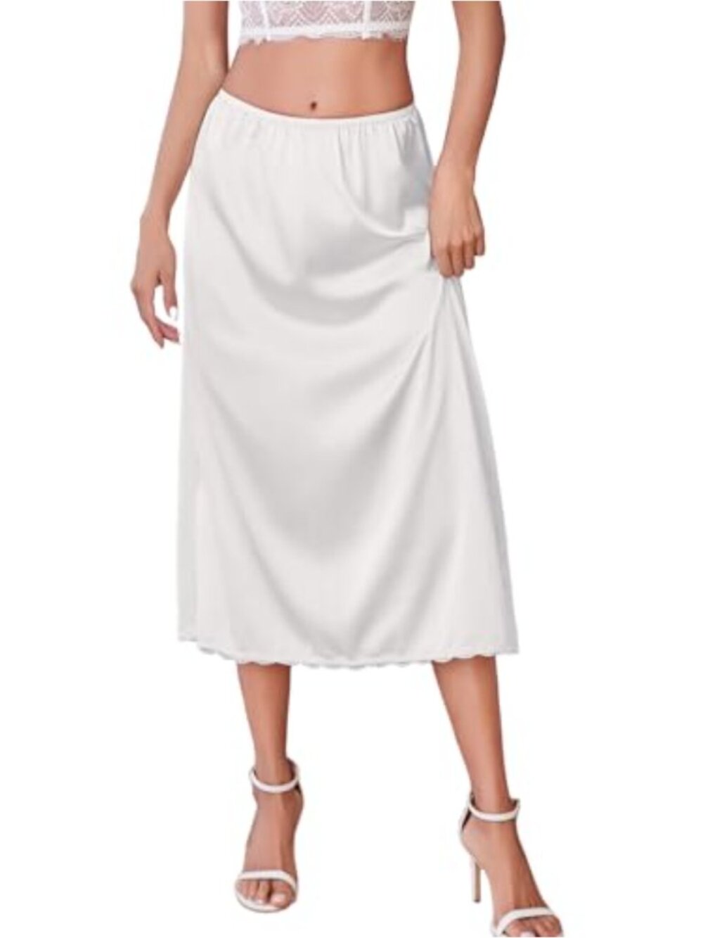 Satin Half Slip Underskirt with Lace Trim Ankle Length Soft Silk Touch